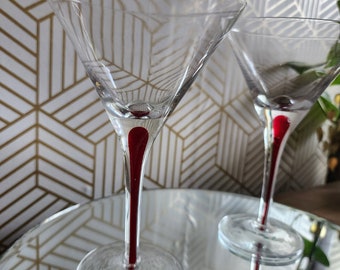 Vintage Pair of Red Inlayed Stemmed Martini Glasses