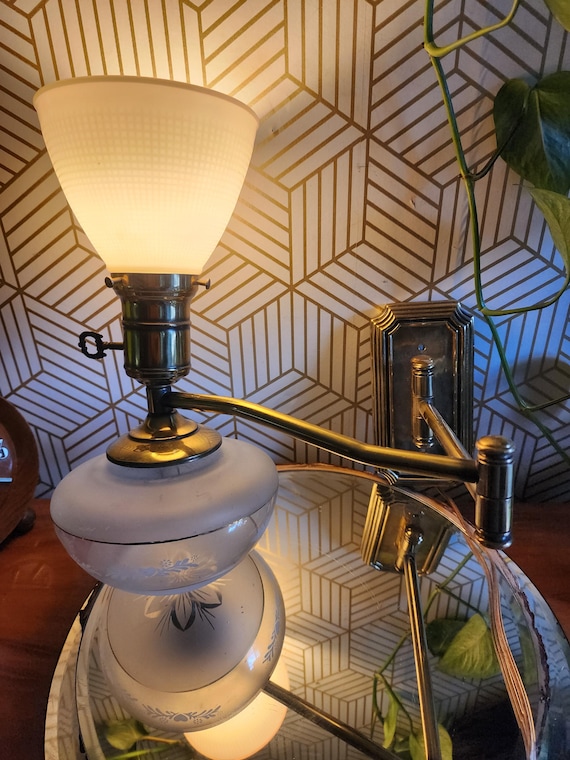Vintage Brass and Etched Glass Swing Arm Wall 2 Way Lamp
