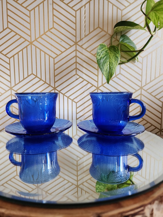 Vintage Art Deco Style Blue Cobalt Cup and Saucer Pair