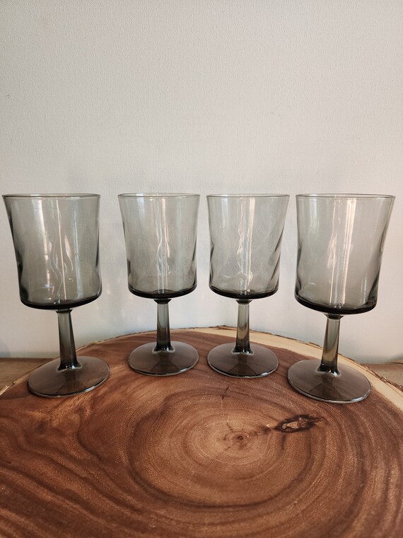 Set of 4 Vintage Libbey Smokey Gray Optic Swirl Glasses