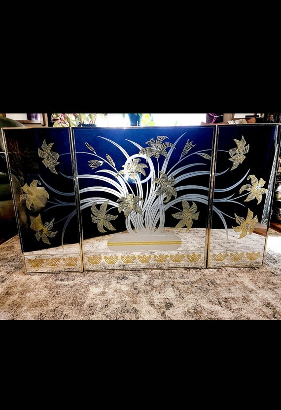 Vintage Michael Brice Etched Floral Triptych Mirror Set Of 3