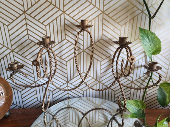Vintage 5 Arm Wall Candelabra Gold Colored Metal Twisted Rope Style Sconce