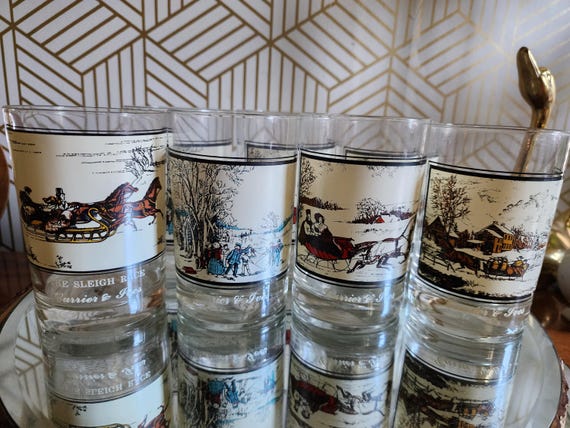 Vintage Courier & Ives Bar Glass Mixed Set of 7
