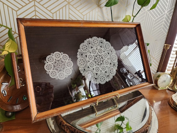Vintage Wood Tray with Lace Doiley Under Glass 11x19