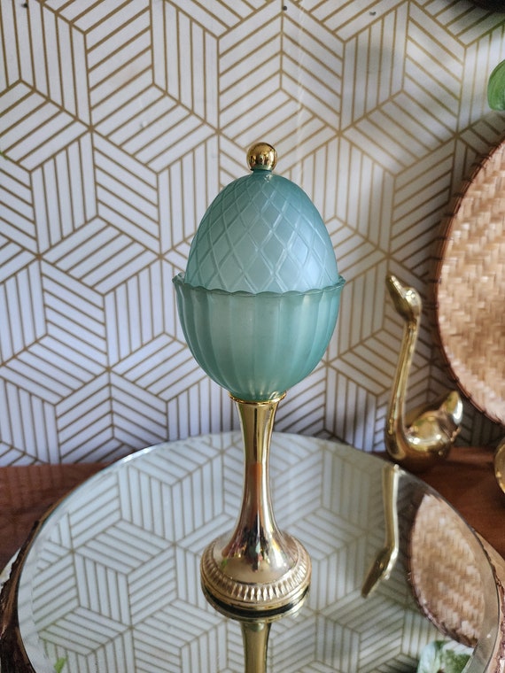 Vintage Green Glass Pedestal Candle Holder/Trinket Dish with Lid - Avon