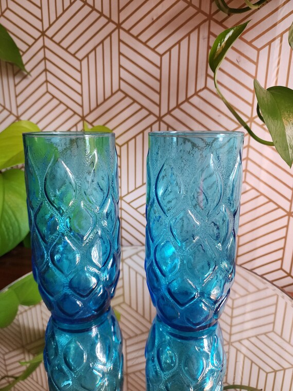 Vintage Anchor Hocking Madrid Aqua Blue Tumblers Pair