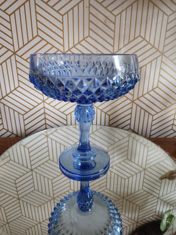 Vintage Indiana Glass Co Diamond Point Ice Blue Pedestal Compote Bowl