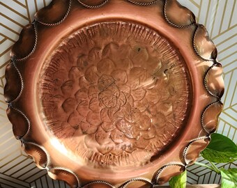 Vintage Hand Hammered Gregorian Copper Serving Plate Round Wall Hang USA