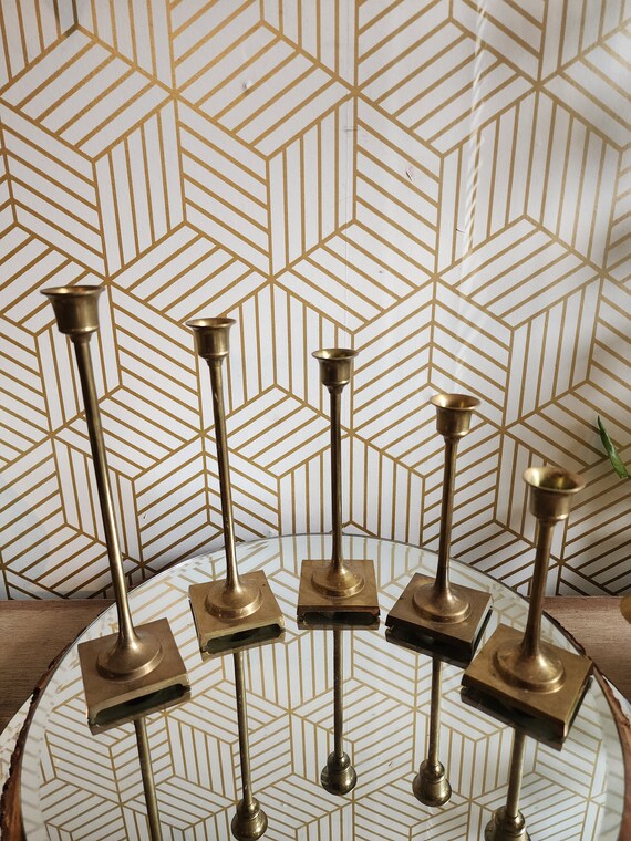 Set of 5 Vintage Brass Taper Square Based Candlestick Holders