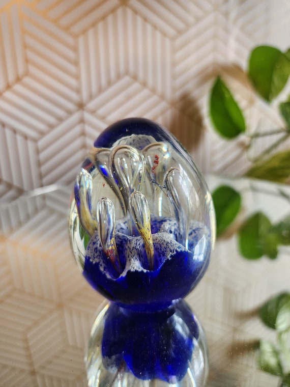 Vintage Handblown Blue and Clear Glass Paperweight - Controlled Bubbles