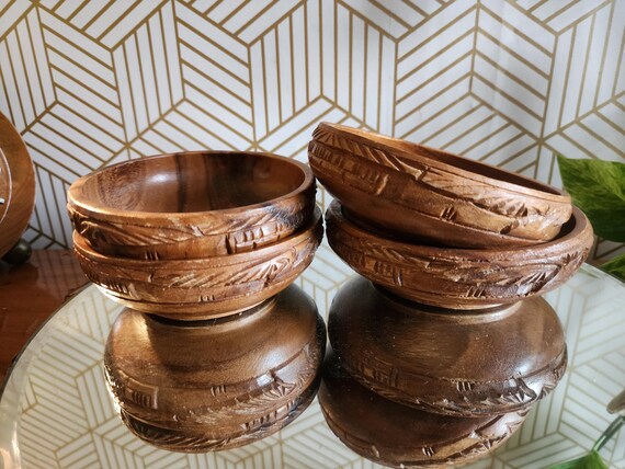 Vintage Set of 4 Salad Bowls- Handcarved, from the Philippines 1960's Monkey Pod Wood