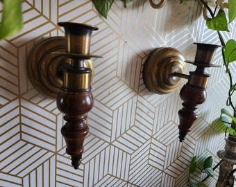 Vintage Home Interiors Brass and Wood Wall Candle Sconces