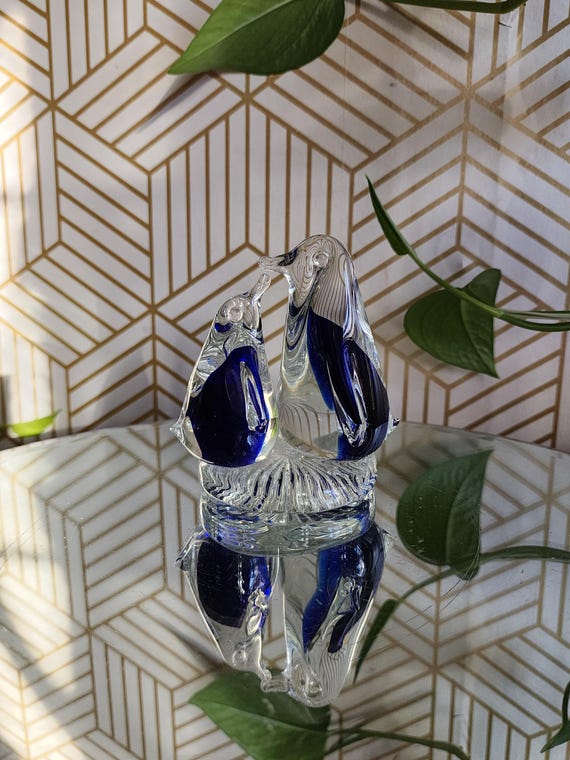 Vintage Murano Style Glass Penguin Pair Cobalt Blue and Clear Glass 4.25 inches tall