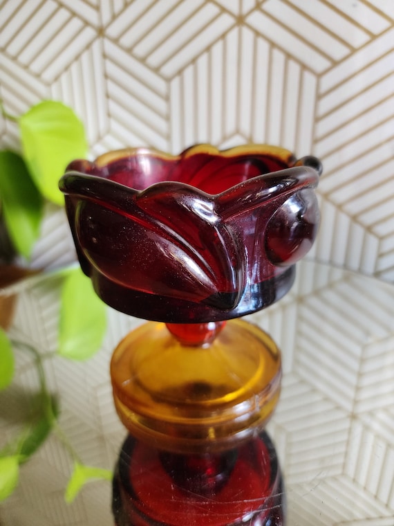 Vintage Indiana Glass Tiara Sunset | Amberina Tulip Pedestal Candlestick Holders