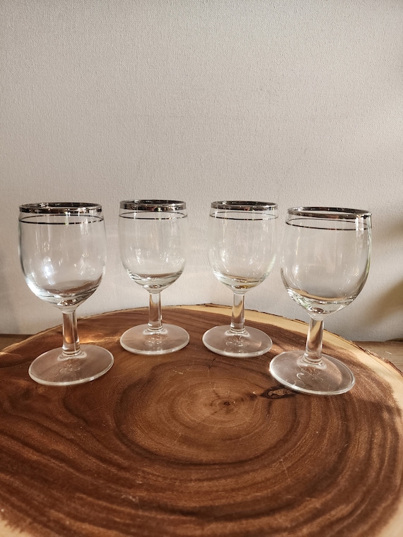 MCM Vintage Port, Aperitif, Cordial or Liqueur Glasses. Silver Rimmed Stem Glasses. Set of 4 1950/1960’s