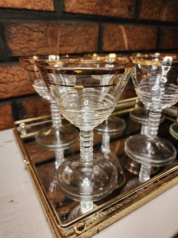Vintage Federal Glass Wine Cordials 145R-18 Gold Detail, Rippled Bowl, Ringed Stem