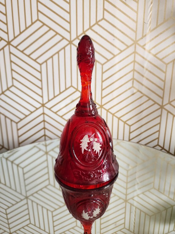 Vintage Red Amberina Fenton Glass Handpainted Bell - Artist Signed with Original Sticker