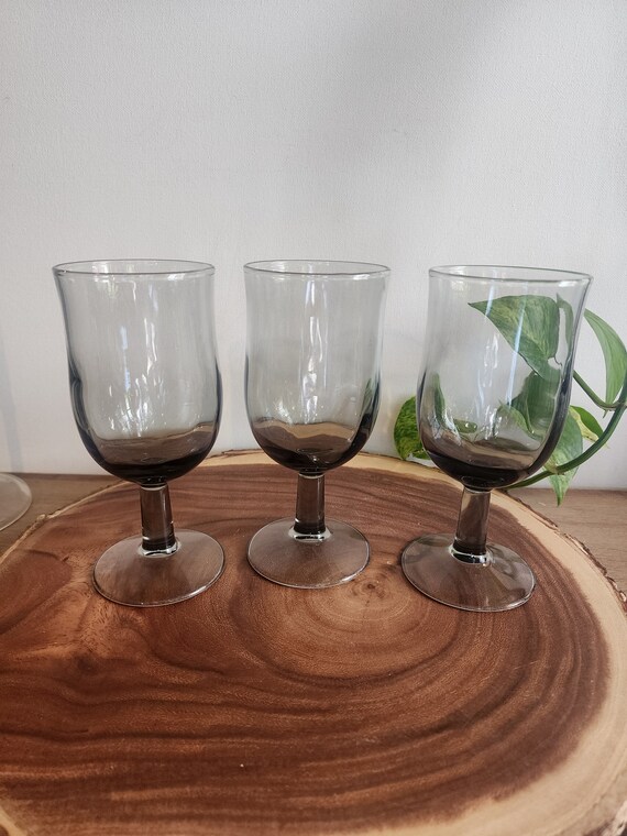3 Vintage Mid Century Smoke Gray Water Goblets