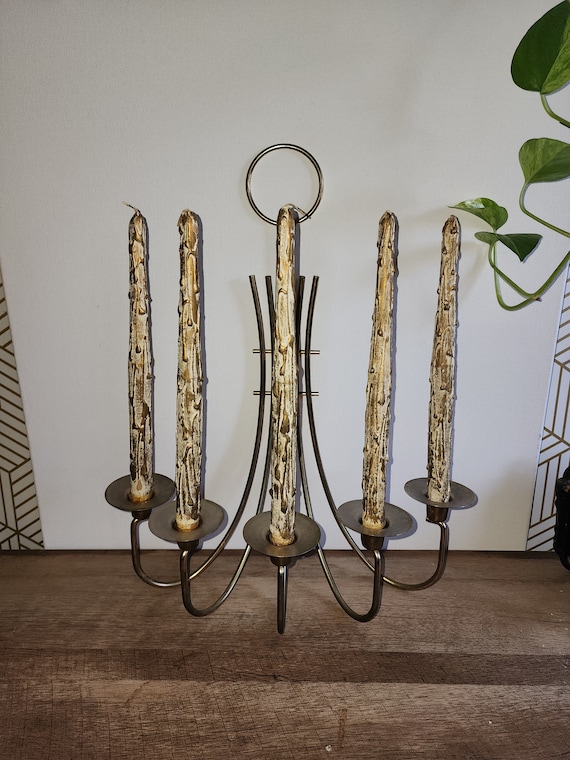 5 Vintage Wood Candles White & Gold Drippy Details-Candles Only