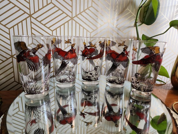 Vintage Midcentury Hazel Atlas Pheasant Highball Glasses Set of 5