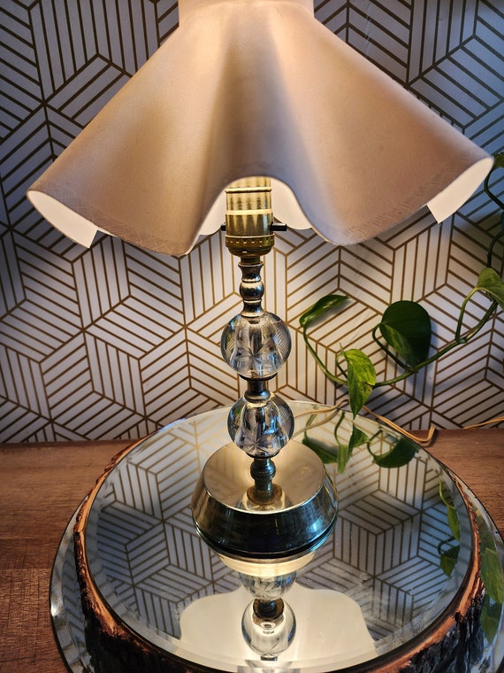 Vintage Etched Cystal Stacked Ball & Brass Boudoir Lamp