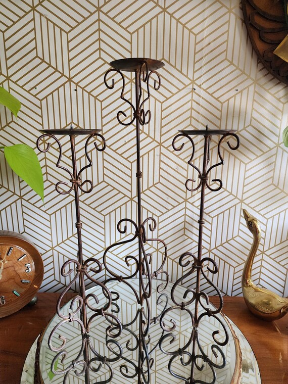 Vintage Enameled Metal Scroll Pillar Candleholders
