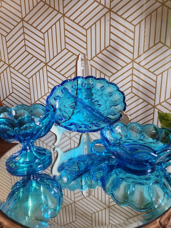 Vintage Anchor Hocking Blue Fairfield 3pc Glass Dish Set - Pedestal Compote, Divided Dish, Candy Dish