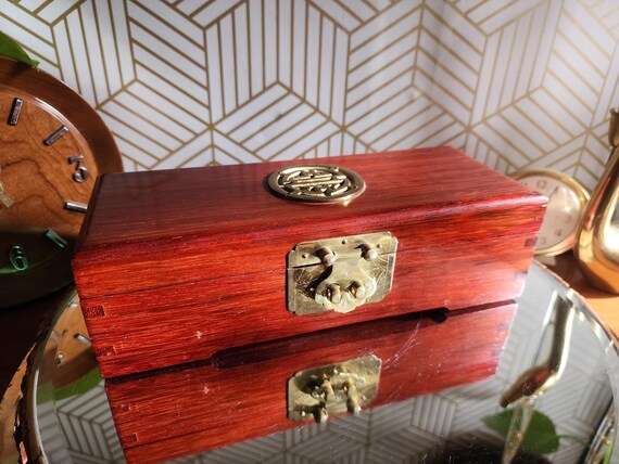 Vintage Chinese Rosewood Jewelry Dresser Box with Ornate Brass Hardware