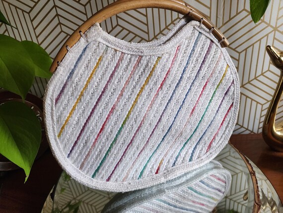 Vintage 80s Woven Macrame Rainbow Colors Round Handbag with Bamboo Handle