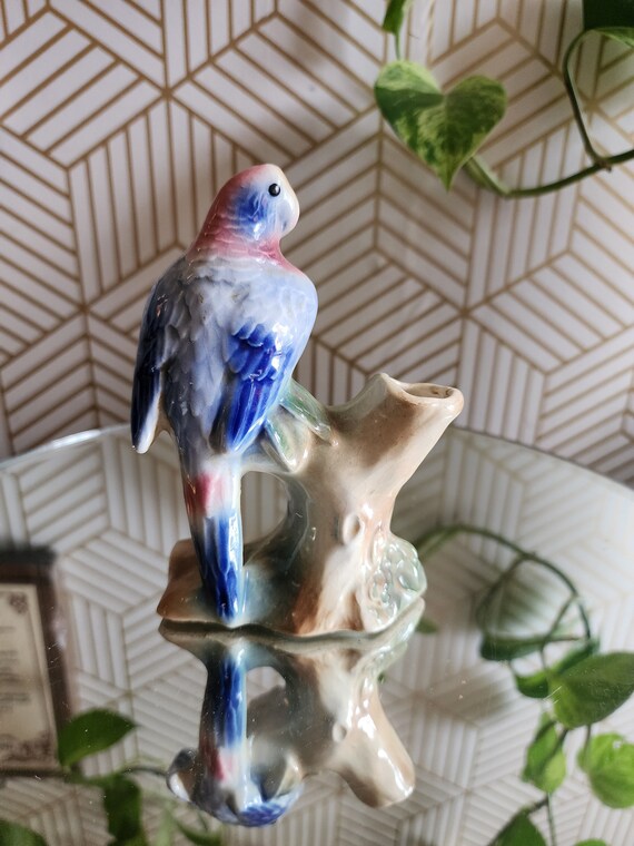 Vintage Royal Copley Small Blue & Pink Ceramic Parrot Planter / Bud Vase