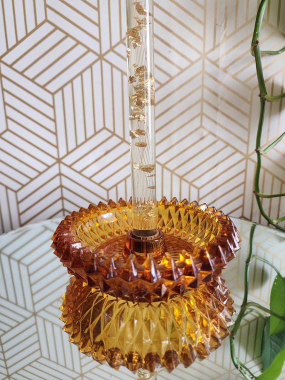 Vintage Indiana Glass Co Diamond Point Amber Candlestick Holder