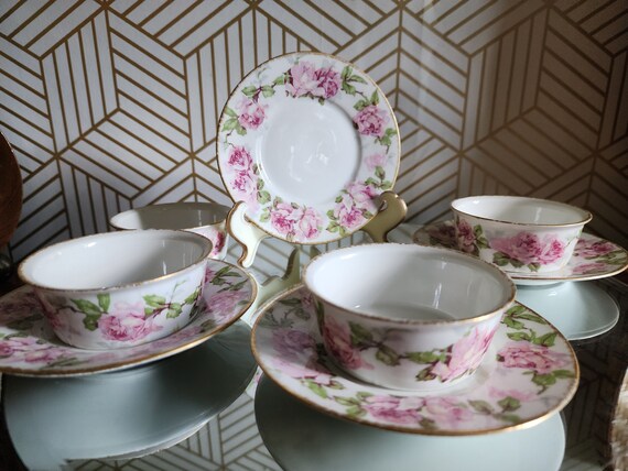 Vintage Limoges France Pink Roses and White  Ramekin & Saucers with Gold Rims - Set of 4