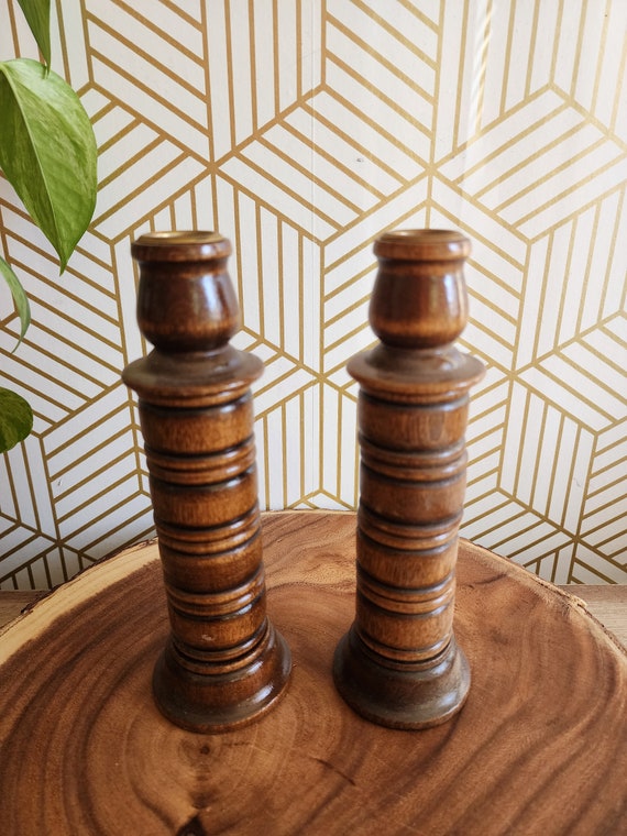 Lot of 2 Vintage Mid Century Brown Stained Wood 8" Candle Holders Pair Set