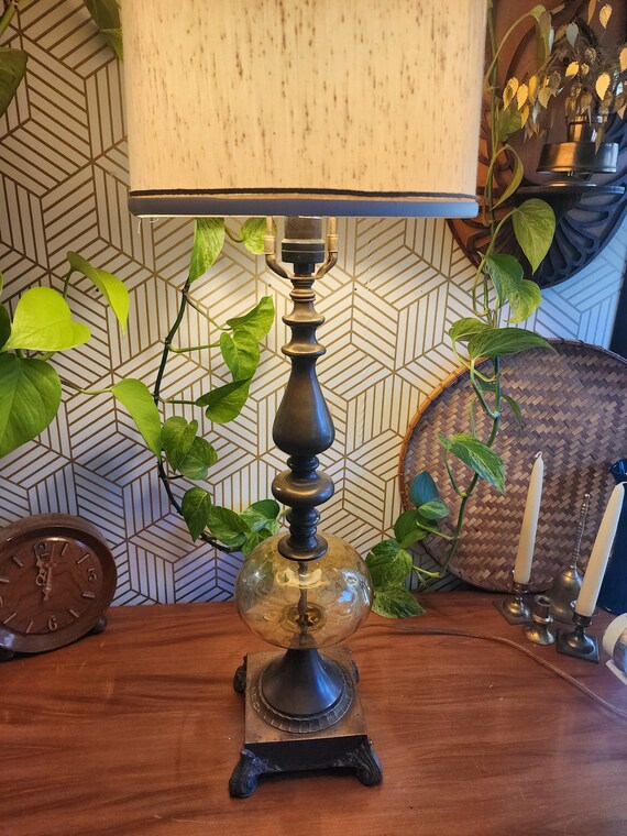Midcentury Honey Amber Glass and Brass Hollywood Regency Style Table Lamp 35"