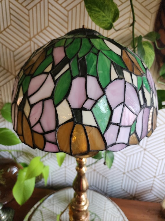 Vintage Leaded Slag Stained Glass Shade Lamp Table Hanging Torchiere Floral
