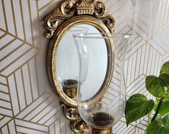 Vintage Ornate Lacquered Brass, Mirrored Hurricane Wall Sconce, Candleholder, Hollywood Regency 15"