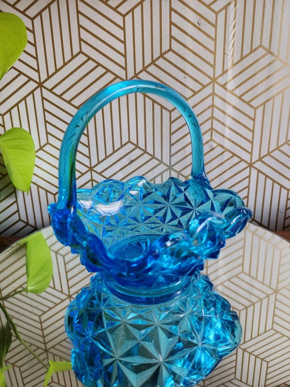 Vintage Fenton Medium Aqua Blue Glass Basket - Frank Workman Maker mark