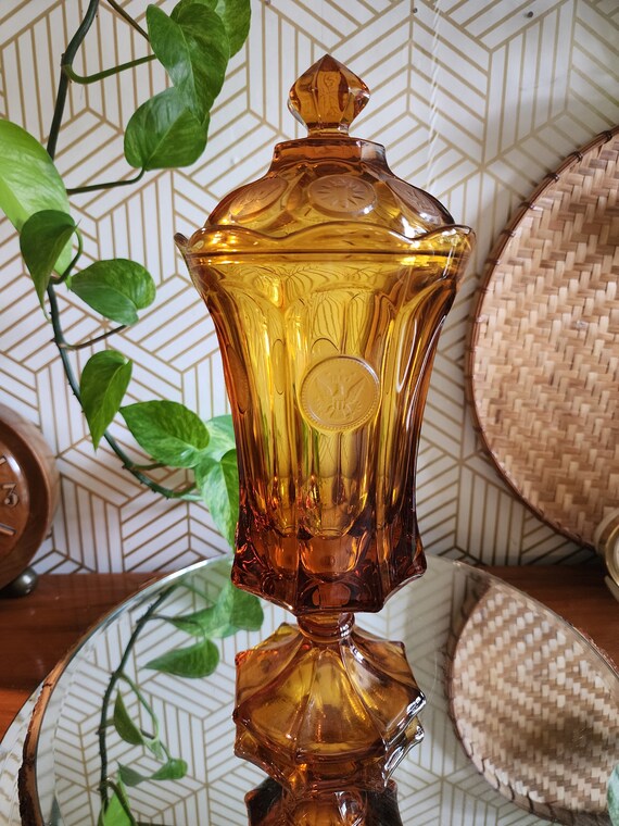 Vintage Fostoria Amber Coin Glass Footed Urn with Lid