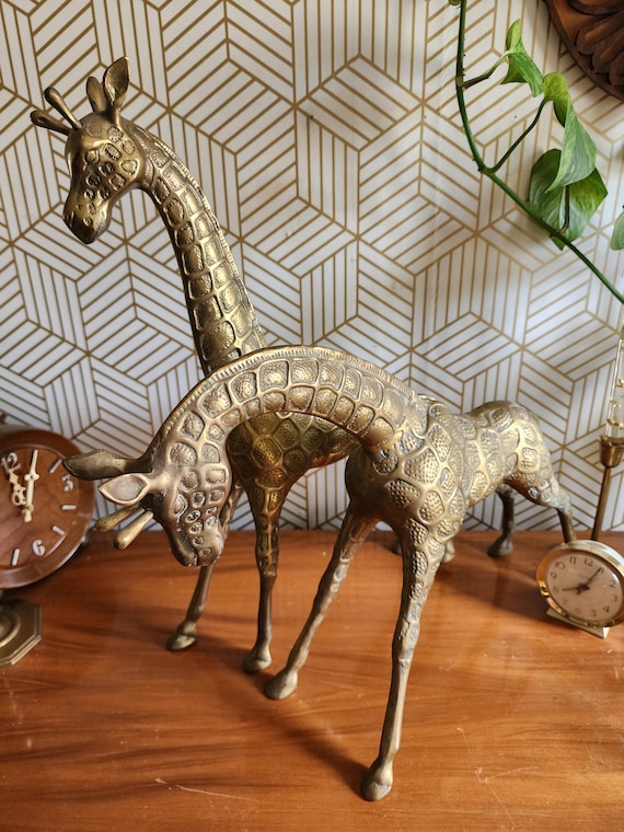 Vintage Pair of Very Large Solid Brass Giraffe Statues 20 inches