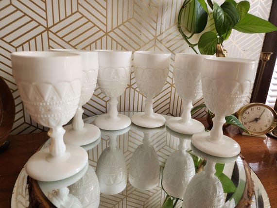 Vintage Kemple Milk Glass Water Goblet or Wine Glasses Set of 6 - Lace & Dewdrop Pattern
