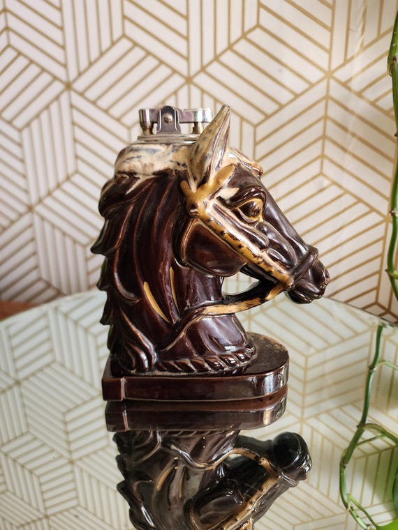 Vintage Ceramic Horse Head Brown Glazed Table Lighter 6"