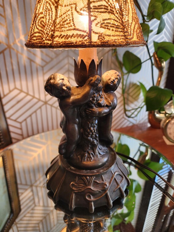Vintage Meyda Tiffany Bronze Double Cherub Accent Lamp