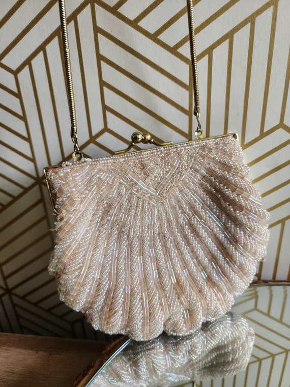 Vintage Pale Pink Beaded Bag with Brass Strap and 