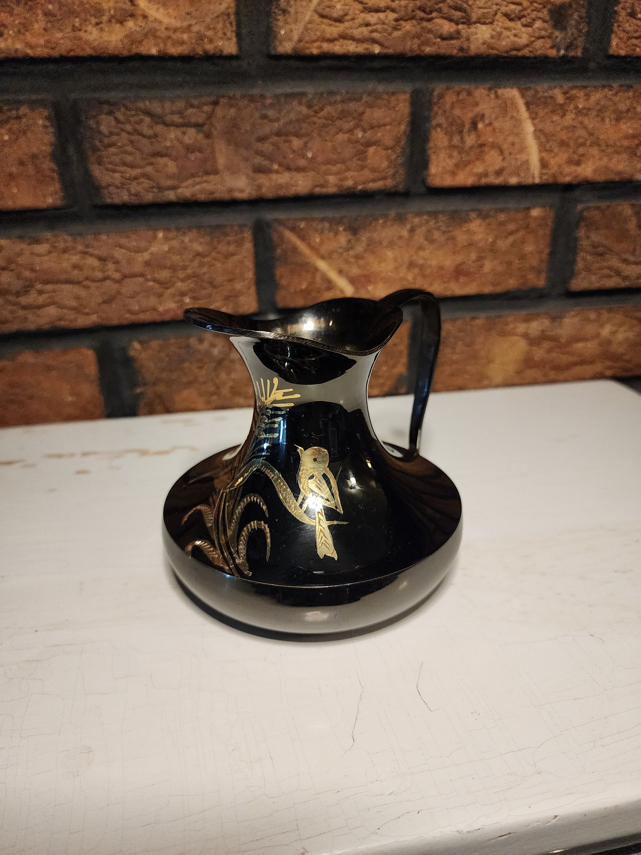 Black Brass Pitcher With Gold Foil Etched Detail Etsy