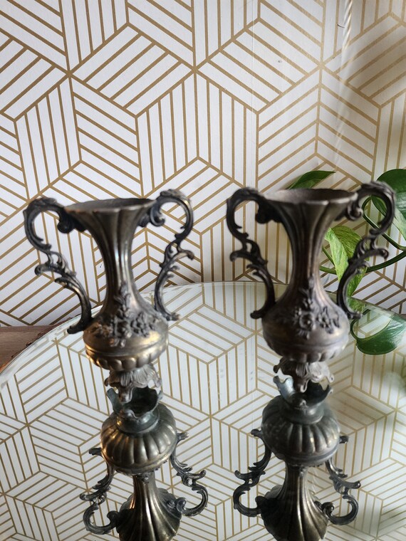 Pair of Vintage Italian Brass Miniature Brass Vases Ornate floral Design 5" Tall