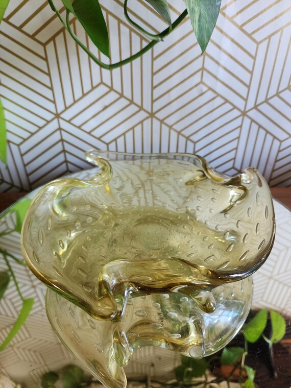 Vintage Murano Yellow Glass Folded Candy Dish Bowl With Controlled Bubbles