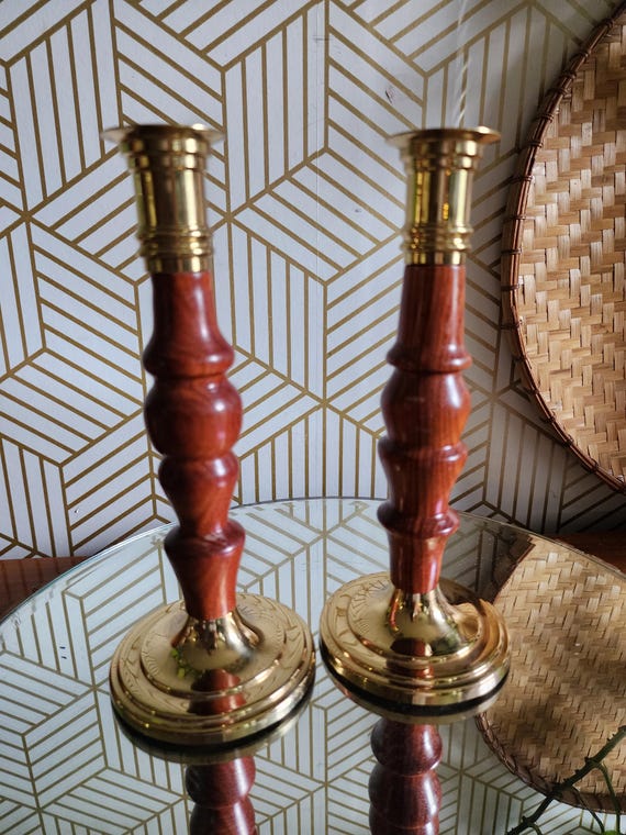 Vintage Pair Brass and Wood Candlestick Holders