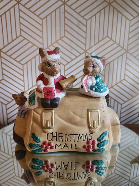 Vintage Ceramic Christmas Letter Holder - Santa's Bag with Mice