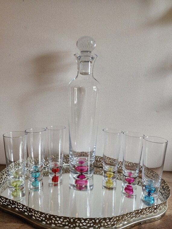 Vintage, Block Crystal, Crayon Bubble Glass, 8 pc Decanter / Double Shot Glass Set