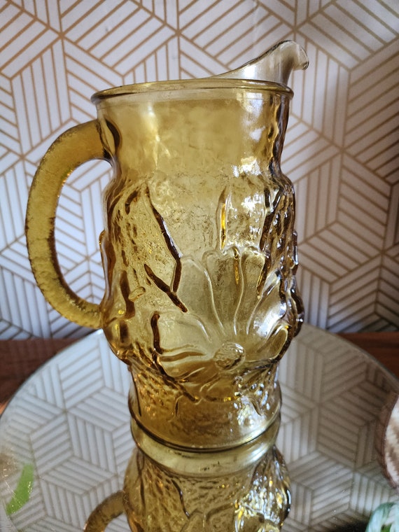 Anchor Hocking Amber Rain Flower Pattern Glass Pitcher